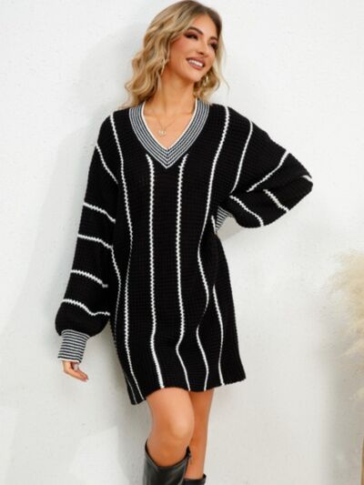 TEEK - Black Striped V-Neck Mini Dress DRESS TEEK Trend   