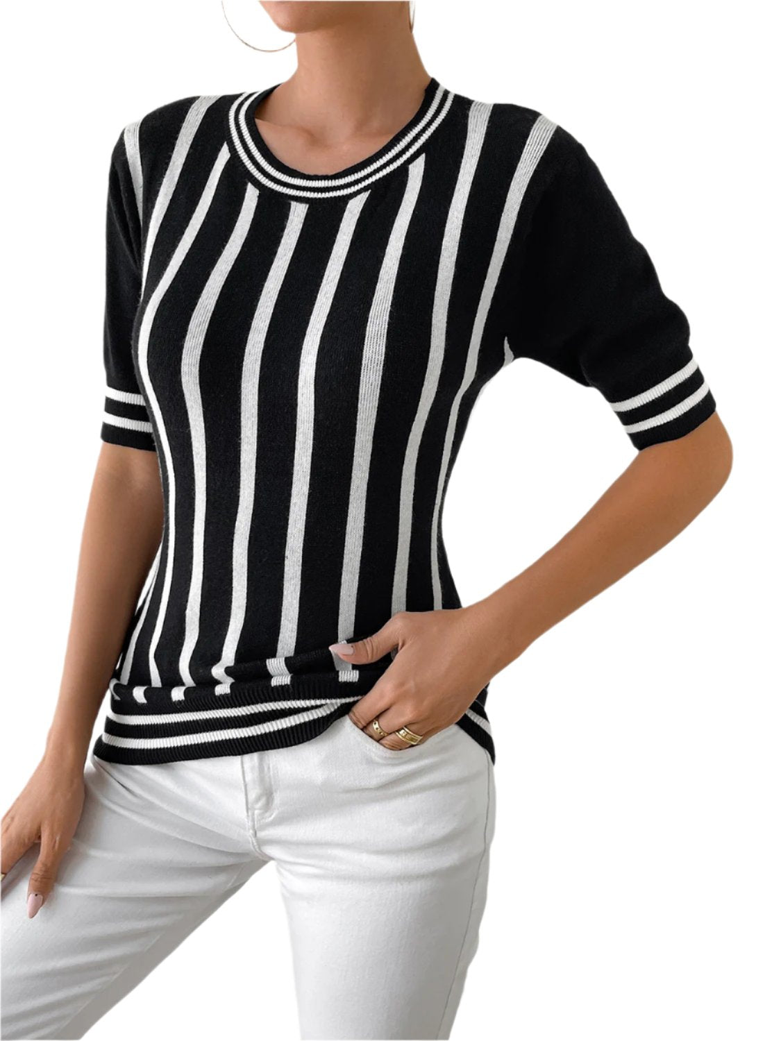 TEEK - BlackStriped Half Sleeve Knit Top TOPS TEEK Trend S  