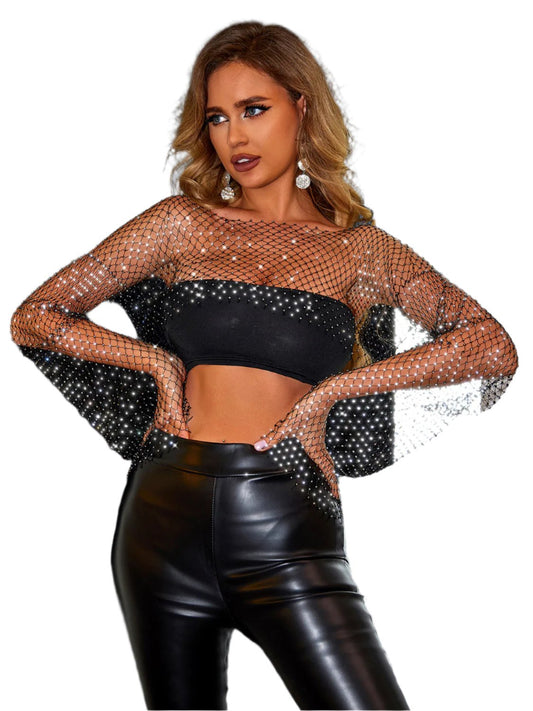 TEEK - Black Boat Neck Cropped Net Long Sleeve Blouse TOPS TEEK Trend   