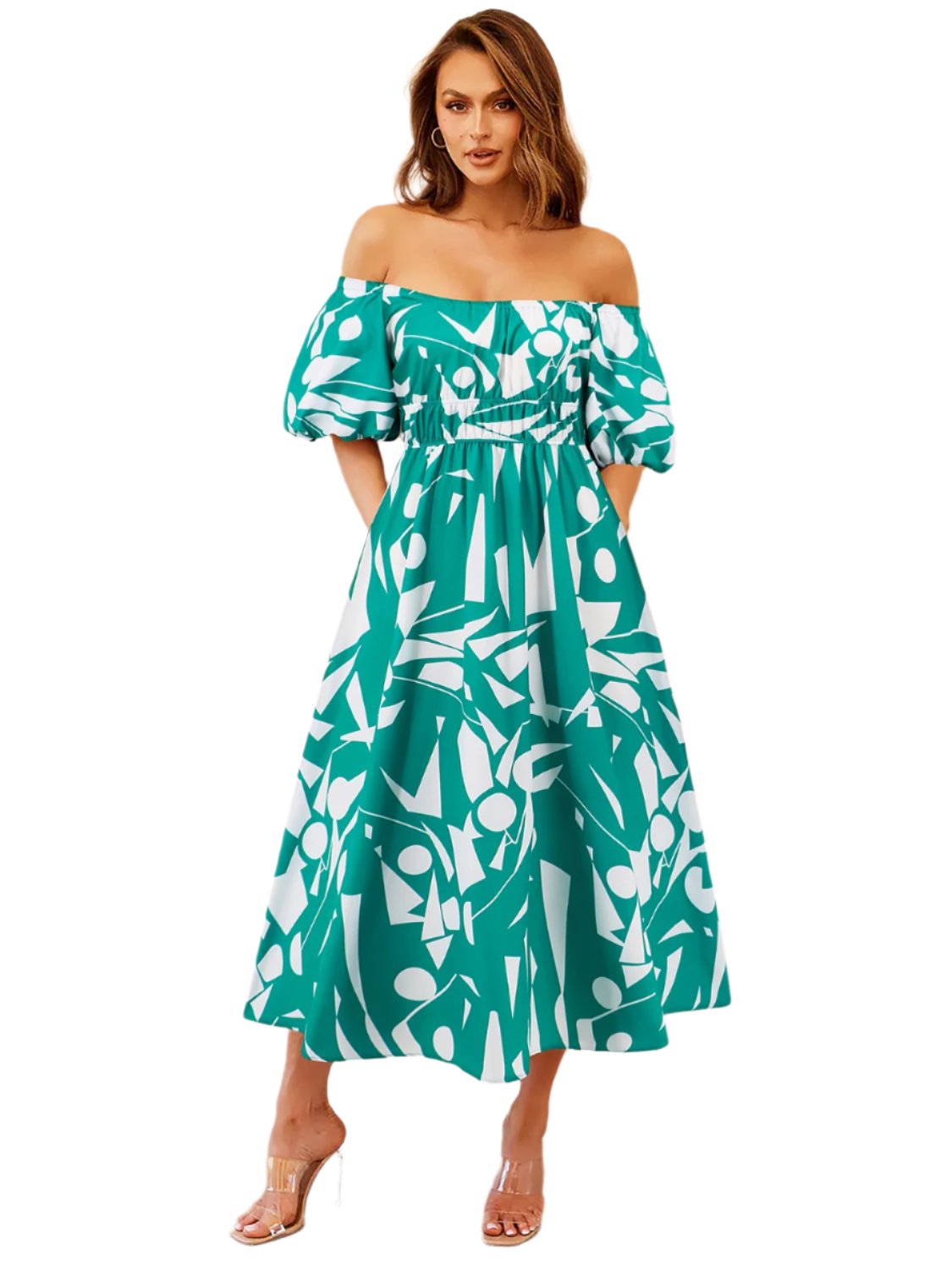 TEEK - Patterned Off-Shoulder Balloon Sleeve Dress DRESS TEEK Trend Turquoise S 