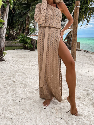 TEEK - Slit Single Shoulder Knit Beach Dress DRESS TEEK Trend Dust Storm S 
