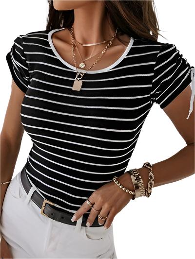 TEEK - Striped Drawstring Short Sleeve Top TOPS TEEK Trend S  