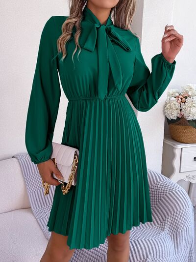 TEEK - Tie Neck Balloon Sleeve Pleated Dress DRESS TEEK Trend Green S 