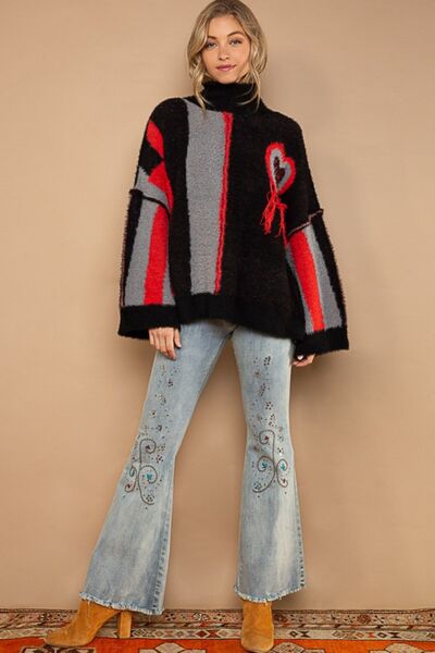 TEEK - Black/Red Turtleneck Color Block Fringe Sweater SWEATER TEEK Trend   