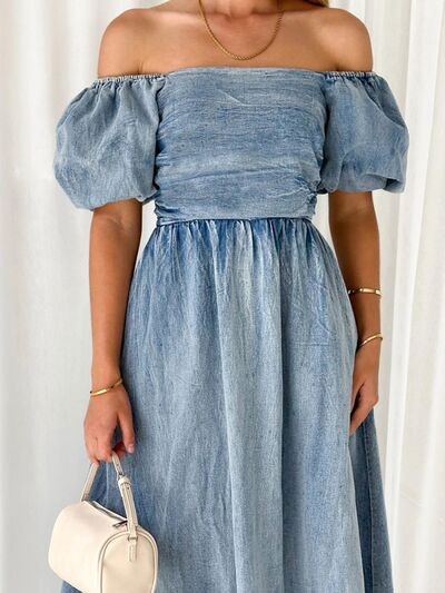 TEEK - Misty Blue Off-Shoulder Balloon Sleeve Denim Dress DRESS TEEK Trend   