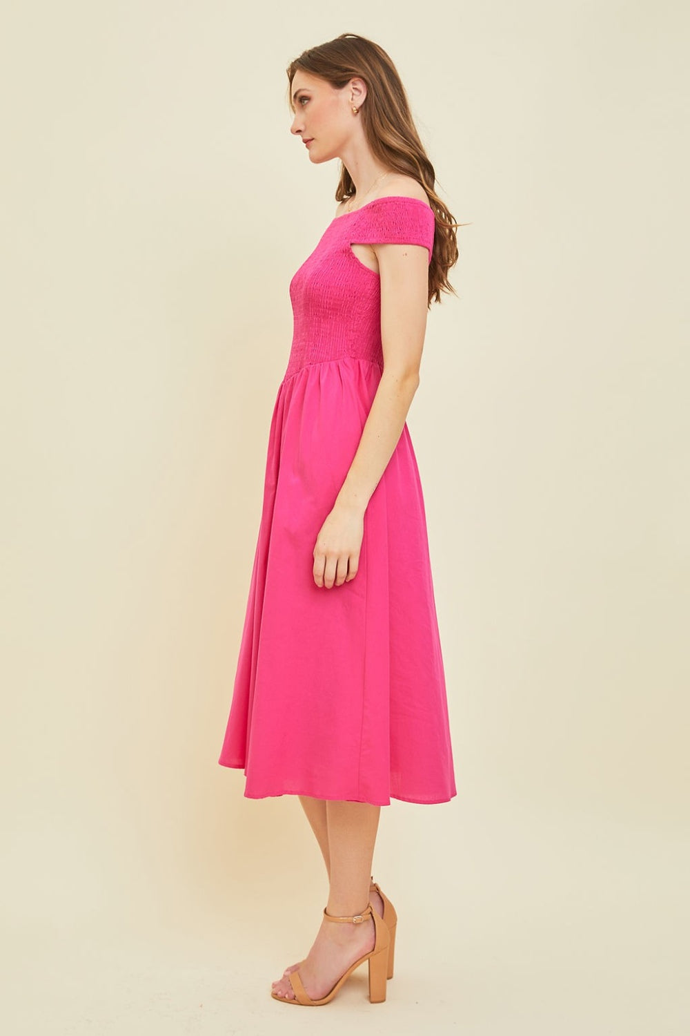 TEEK - Fuchsia Off-Shoulder Smocked Midi Dress DRESS TEEK Trend   