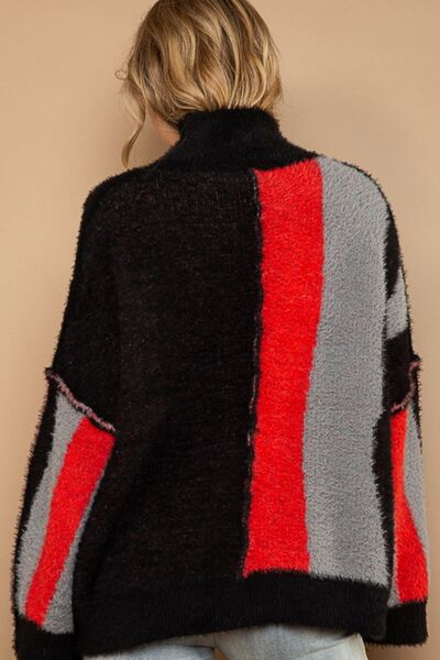 TEEK - Black/Red Turtleneck Color Block Fringe Sweater SWEATER TEEK Trend   