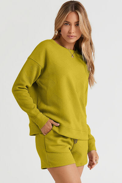 TEEK - Texture Long Sleeve Top and Drawstring Shorts Set SET TEEK Trend Chartreuse S 