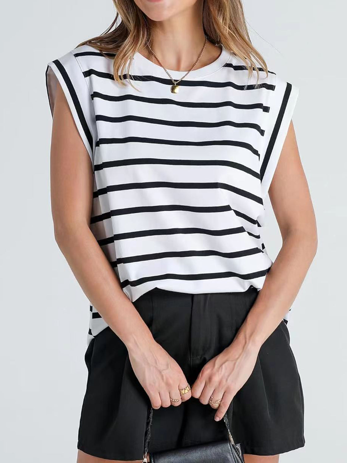 TEEK - Striped Round Neck Cap Sleeve Top TOPS TEEK Trend   