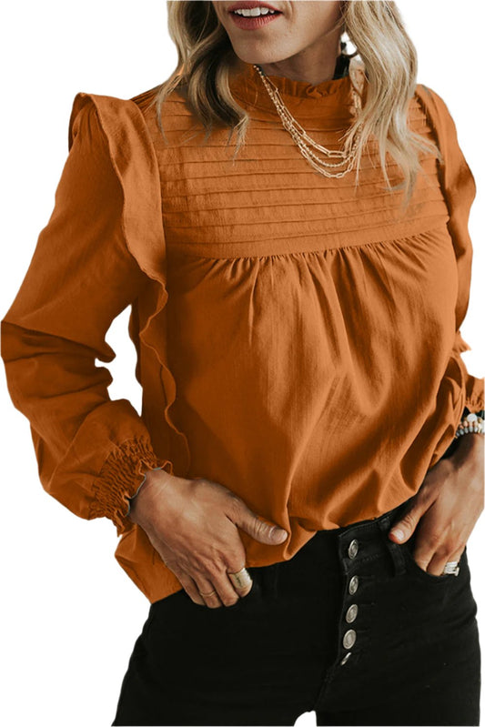 TEEK - Ochre Ruffled Mock Neck Long Sleeve Blouse TOPS TEEK Trend S  