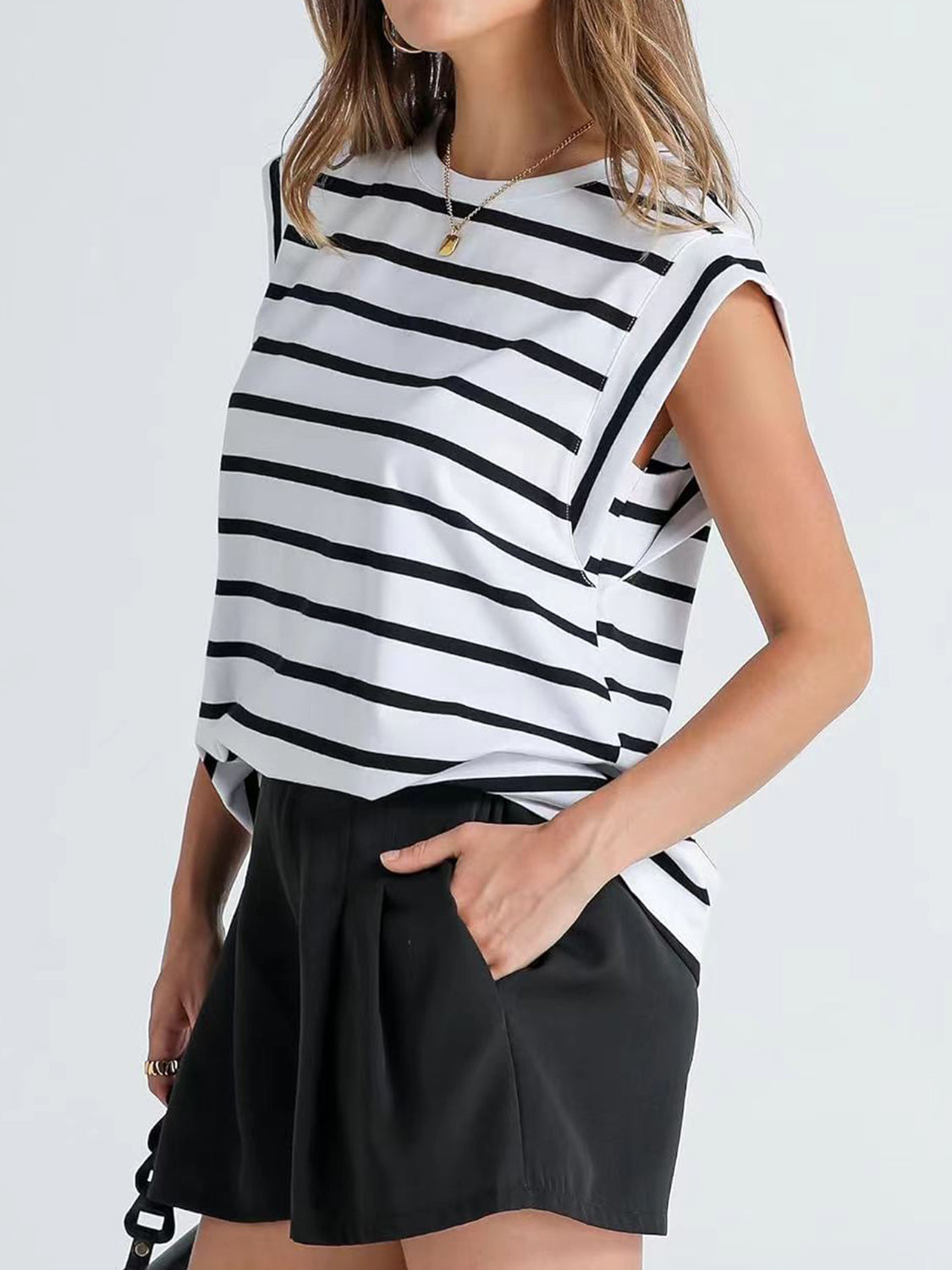 TEEK - Striped Round Neck Cap Sleeve Top TOPS TEEK Trend   