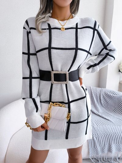 TEEK - Plaid Doable Dropped Shoulder Sweater Dress DRESS TEEK Trend White S 