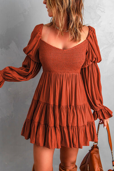 TEEK - Smocked Off-Shoulder Tiered Mini Dress DRESS TEEK Trend Brown S 