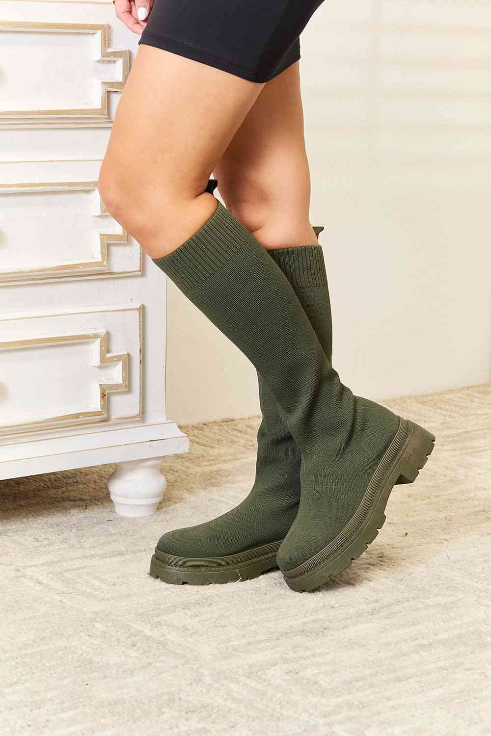TEEK - Knee High Platform Sock Olive Boots SHOES TEEK Trend   