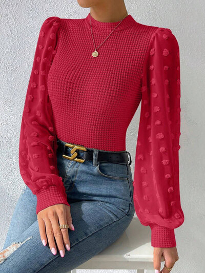 TEEK - Swiss Dot Waffle-Knit Lantern Sleeve Top TOPS TEEK Trend   