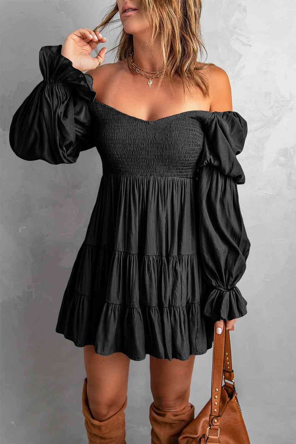 TEEK - Smocked Off-Shoulder Tiered Mini Dress DRESS TEEK Trend Black S 