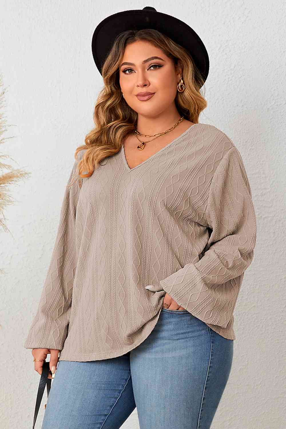 TEEK - Taupe Plus Size Lace V-Neck Long Sleeve Blouse TOPS TEEK Trend   