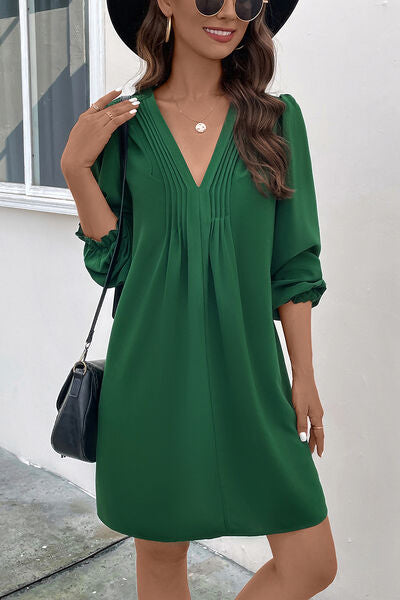 TEEK - Green Ruched V-Neck Flounce Sleeve Dress DRESS TEEK Trend S  