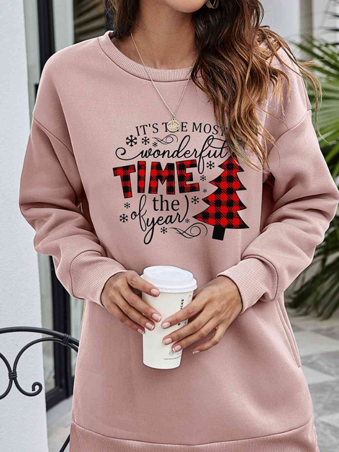 TEEK - Christmas Tree Time Drop Shoulder Sweatshirt TOPS TEEK Trend Dusty Pink S 