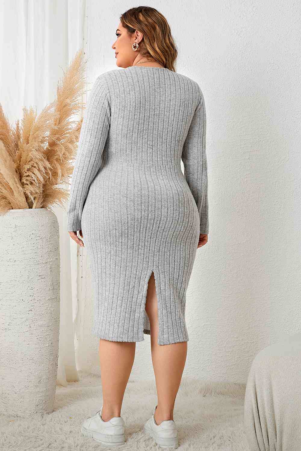 TEEK - Plus Size Heather Grey Neck Long Sleeve Slit Dress DRESS TEEK Trend   