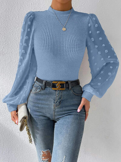 TEEK - Swiss Dot Waffle-Knit Lantern Sleeve Top TOPS TEEK Trend Misty  Blue S 