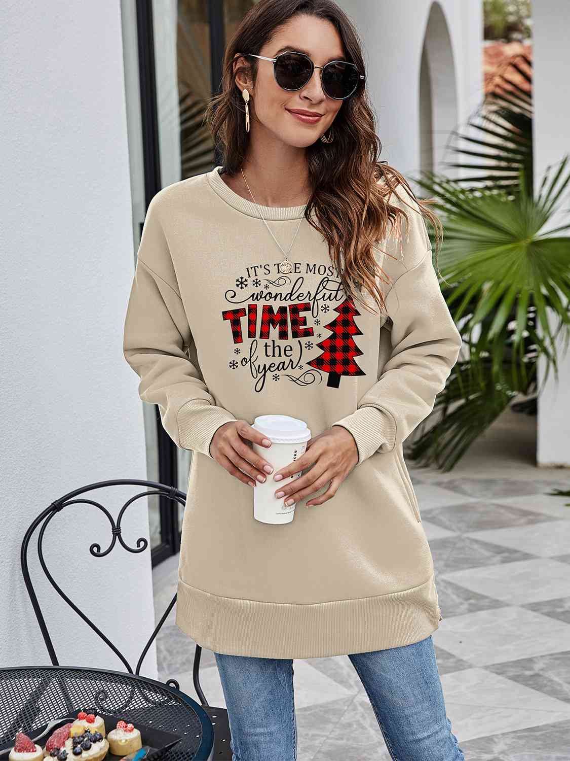 TEEK - Christmas Tree Time Drop Shoulder Sweatshirt TOPS TEEK Trend Beige S 