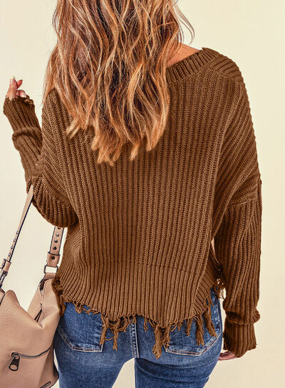 TEEK - Fringe V-Neck Chestnut Sweater SWEATER TEEK Trend   