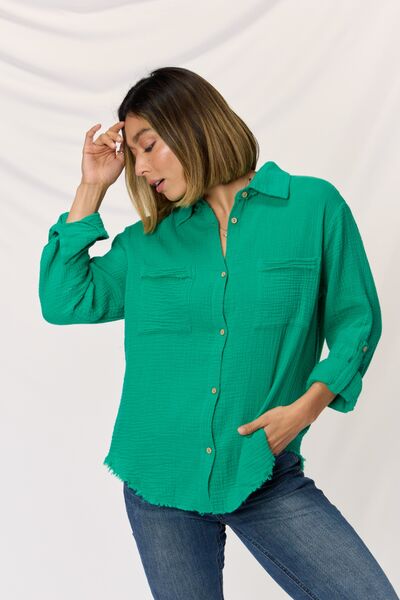 TEEK - Texture Button Up Raw Hem Long Sleeve Shirt TOPS TEEK Trend   