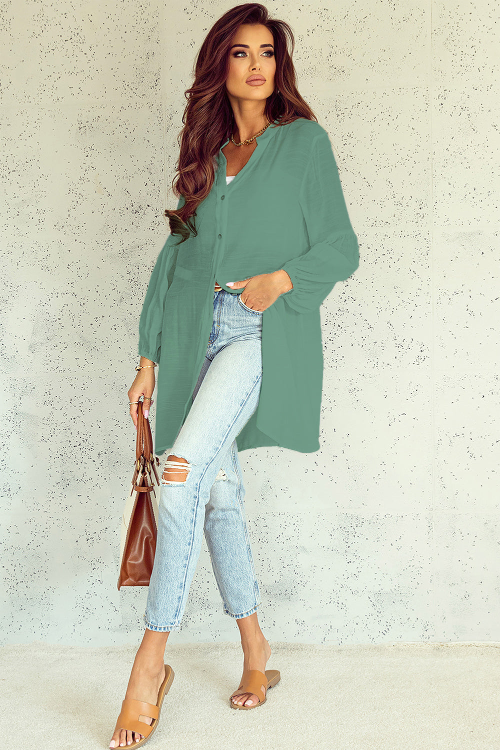 TEEK - Notched Button Up Balloon Sleeve Top TOPS TEEK Trend Sage S 