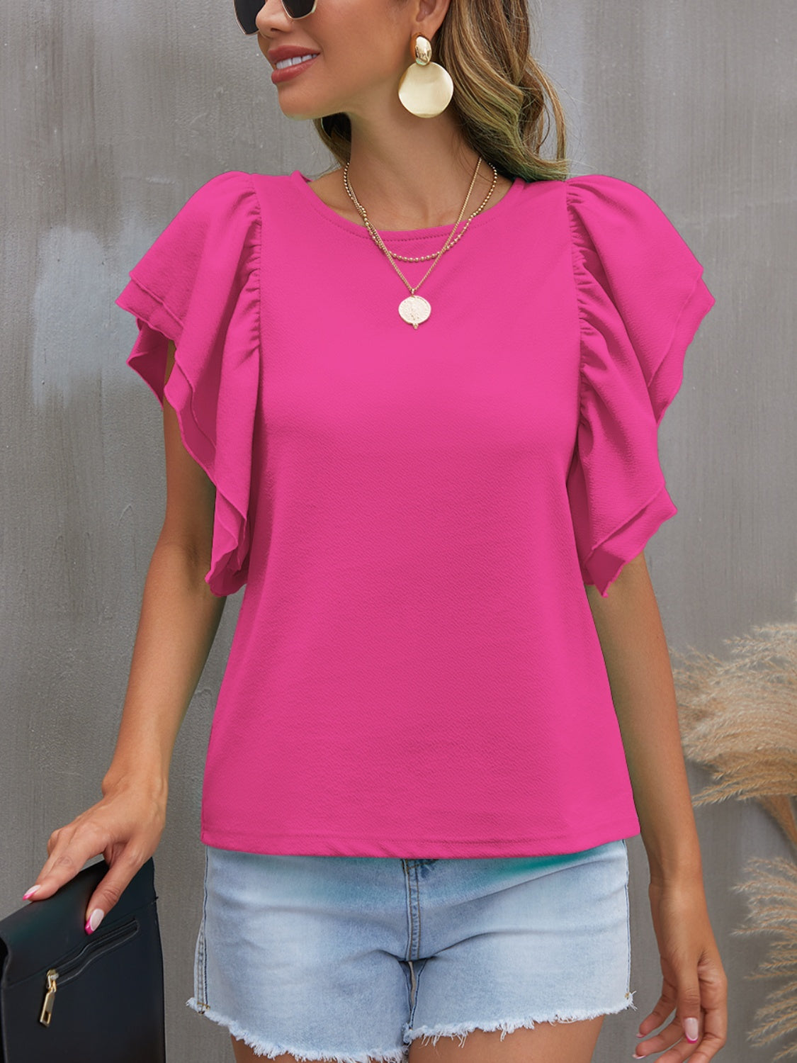 TEEK - Round Neck Ruffle Flounce Sleeve Blouse TOPS TEEK Trend Deep Rose S 