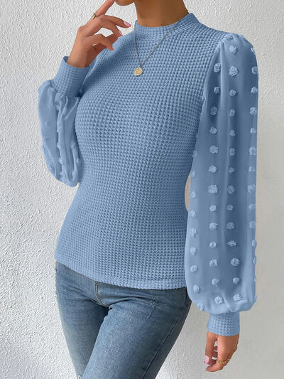 TEEK - Swiss Dot Waffle-Knit Lantern Sleeve Top TOPS TEEK Trend   