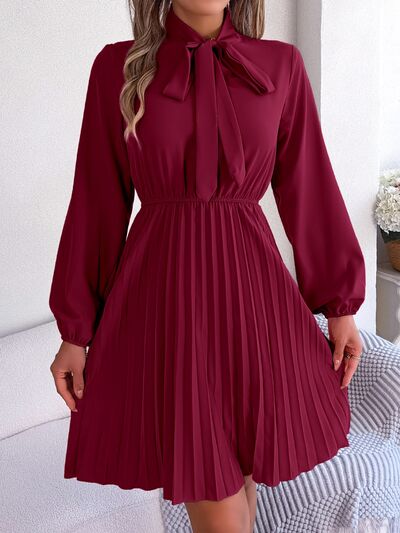 TEEK - Tie Neck Balloon Sleeve Pleated Dress DRESS TEEK Trend Wine S 