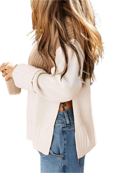 TEEK - Camel Color Block Slit Mock Neck Sweater  TEEK Trend   