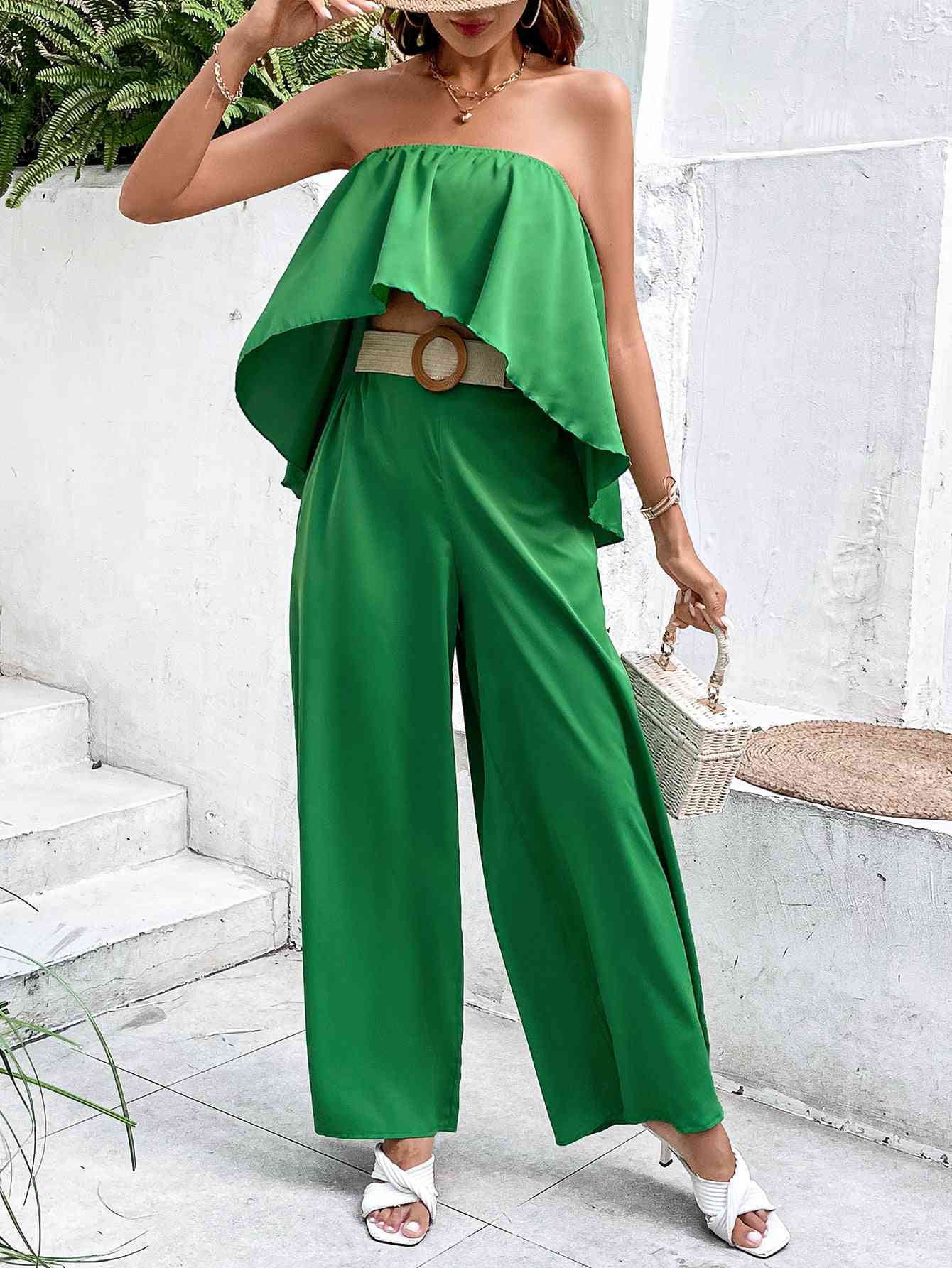 TEEK - Mid Green Strapless Top and Wide Leg Pants Set SET TEEK Trend   