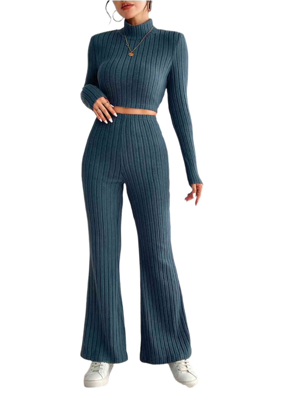 TEEK - Ribbed Mock Neck Cropped Sweater & High Waist Pants Set SET TEEK Trend S  