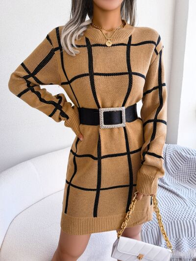 TEEK - Plaid Doable Dropped Shoulder Sweater Dress DRESS TEEK Trend Tan S 