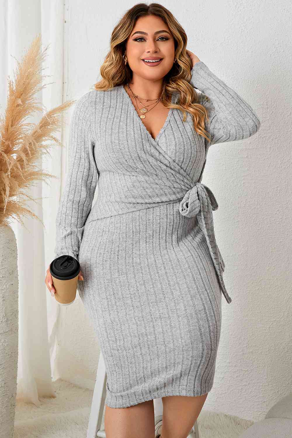 TEEK - Plus Size Heather Grey Neck Long Sleeve Slit Dress DRESS TEEK Trend   