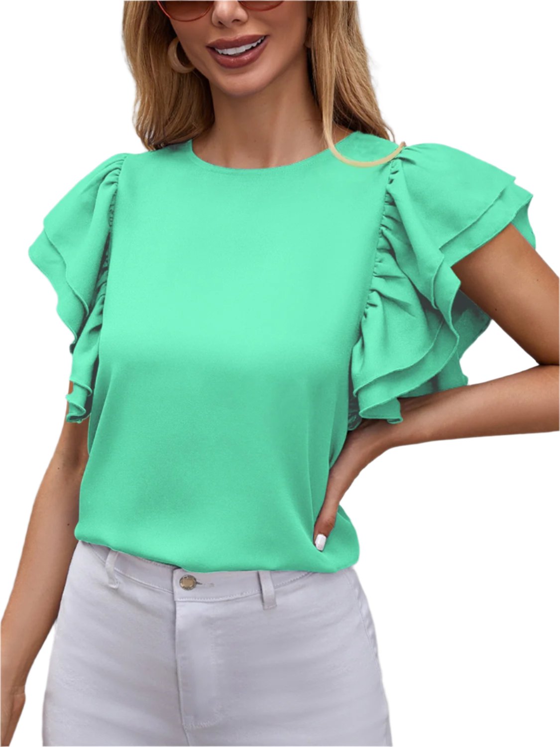 TEEK - Round Neck Ruffle Flounce Sleeve Blouse TOPS TEEK Trend Tiffany Blue S 