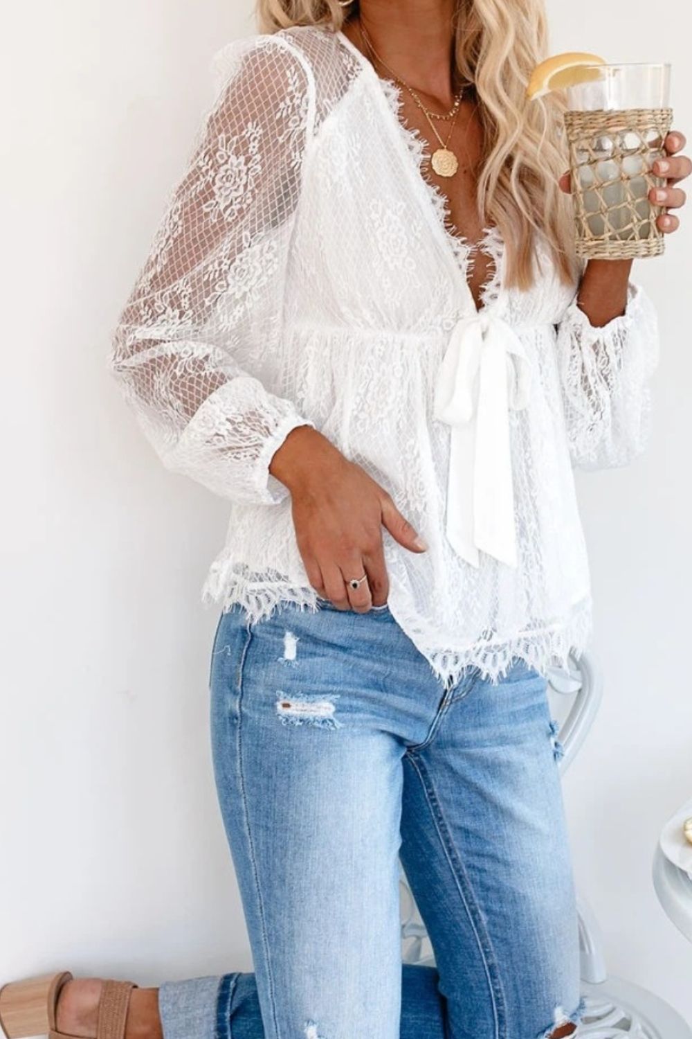 TEEK - Lace Plunge Long Sleeve Blouse TOPS TEEK Trend   