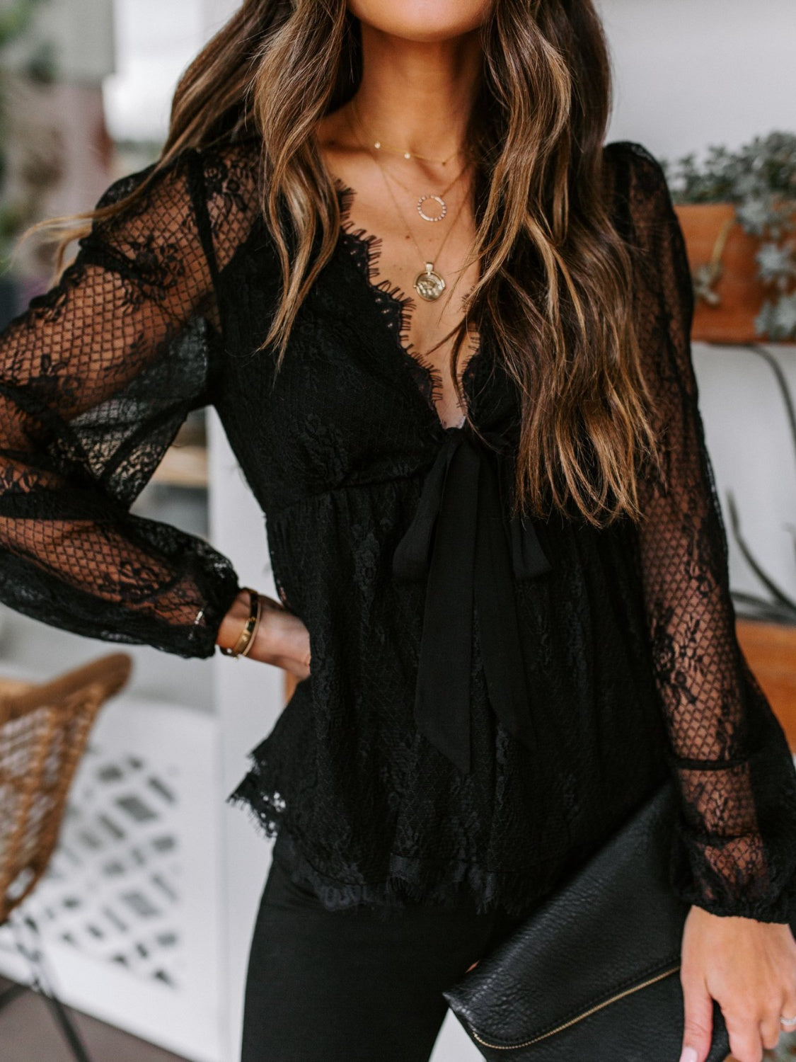 TEEK - Lace Plunge Long Sleeve Blouse TOPS TEEK Trend   