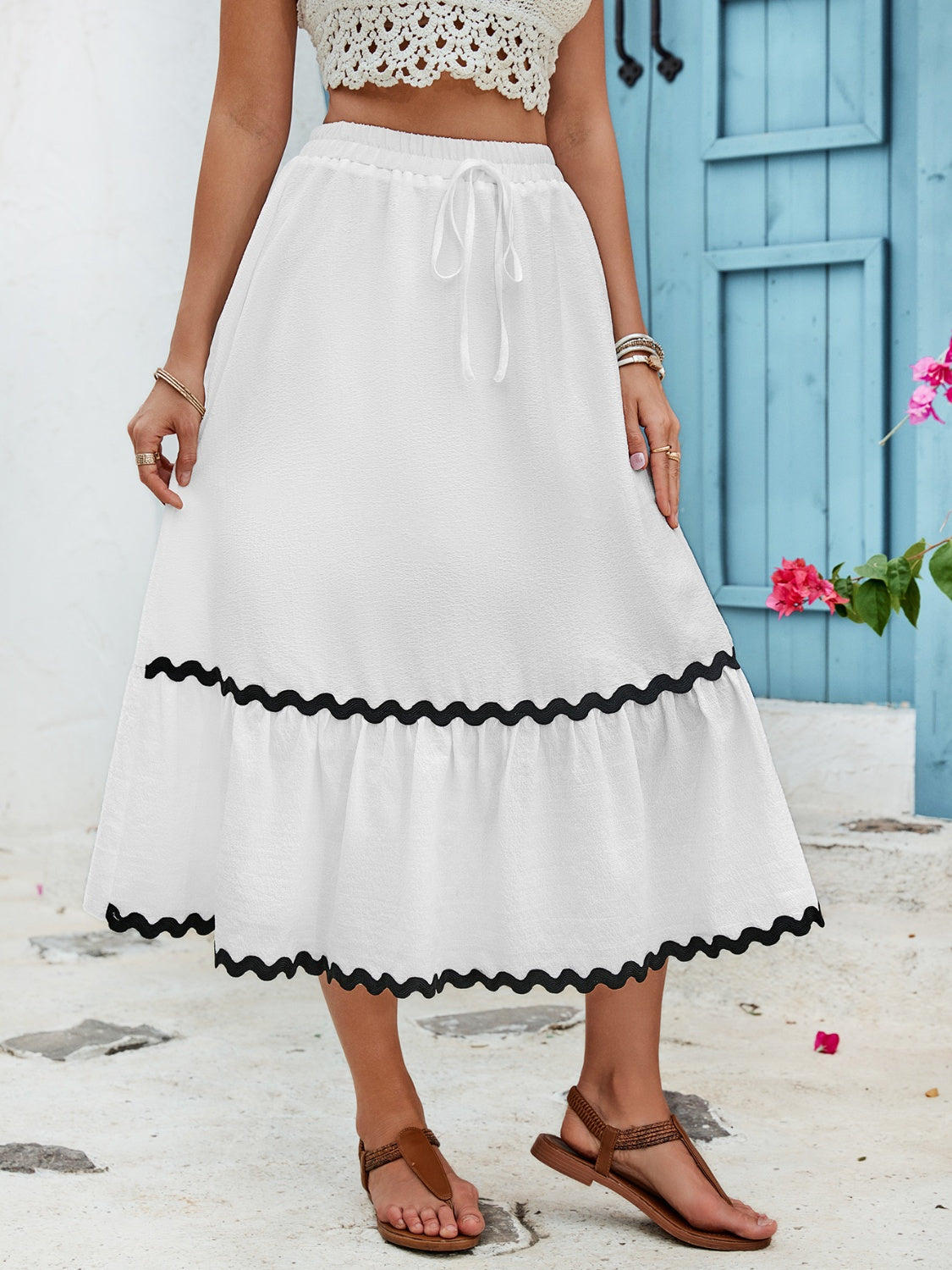 TEEK - White Tied Contrast Trim High Waist Skirt SKIRT TEEK Trend   