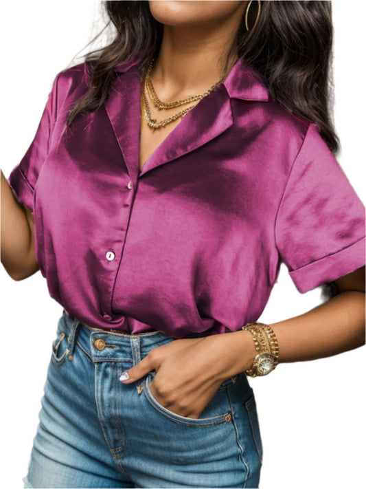 TEEK - Fuchsia Button Up Collared Short Sleeve Shirt TOPS TEEK Trend S  