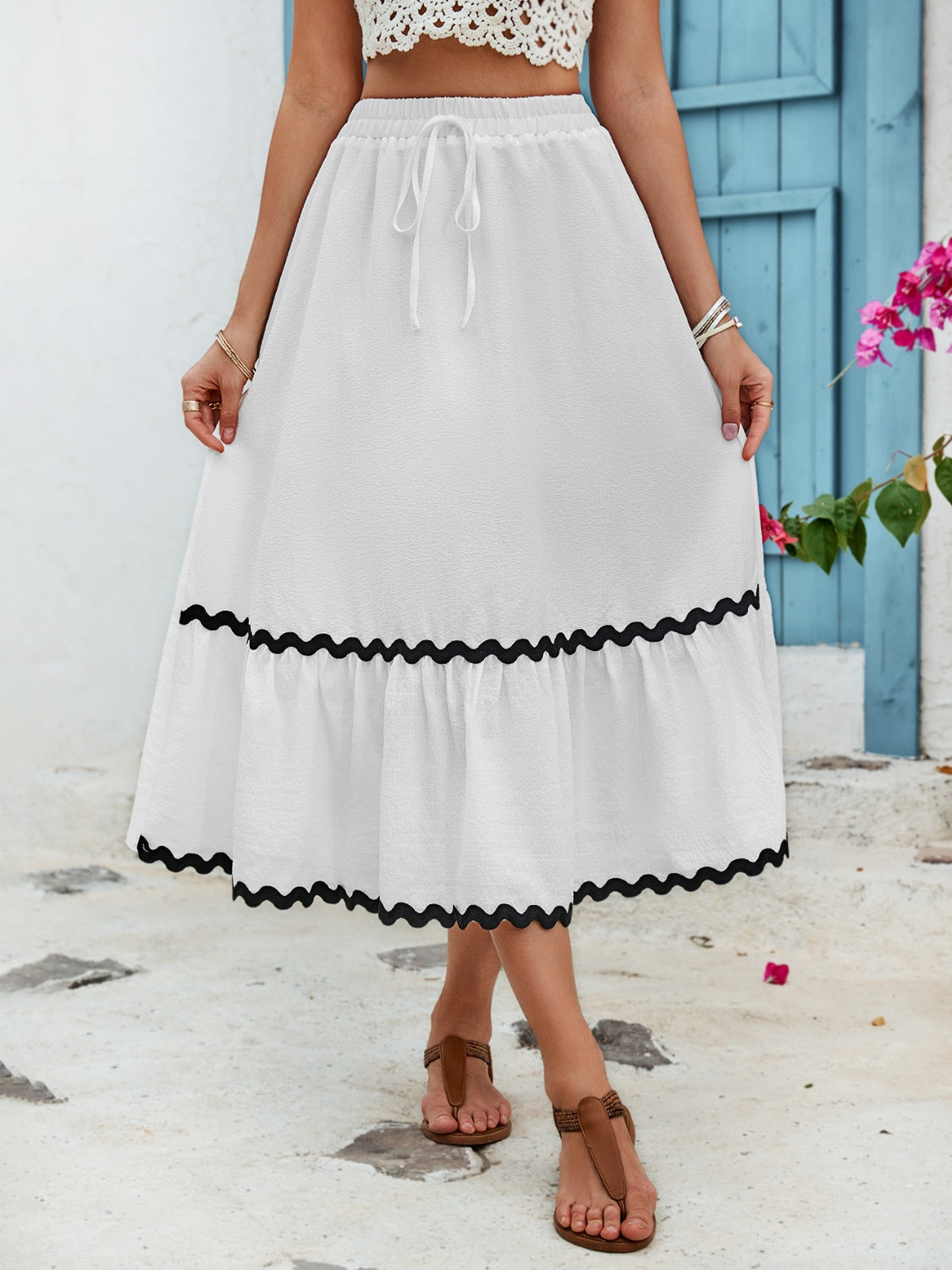 TEEK - White Tied Contrast Trim High Waist Skirt SKIRT TEEK Trend   
