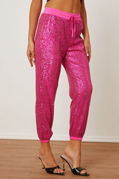 TEEK - Hot Pink Sequin Drawstring Pants with Pockets PANTS TEEK Trend   