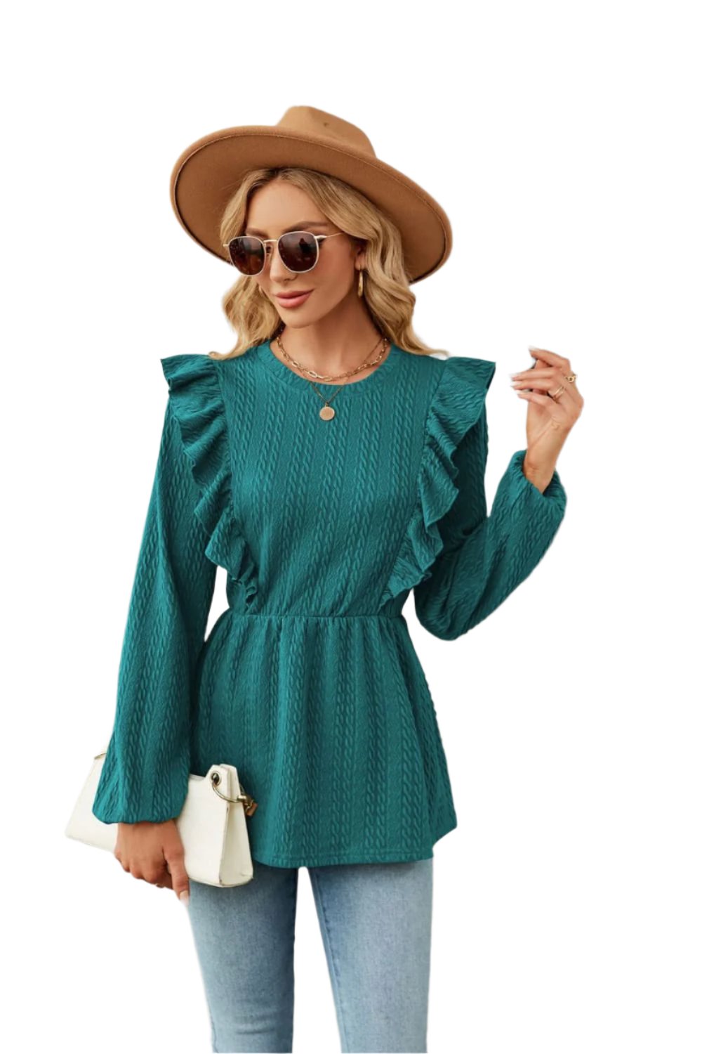 TEEK - Round Neck Ruffled Peplum Blouse TOPS TEEK Trend Teal S 