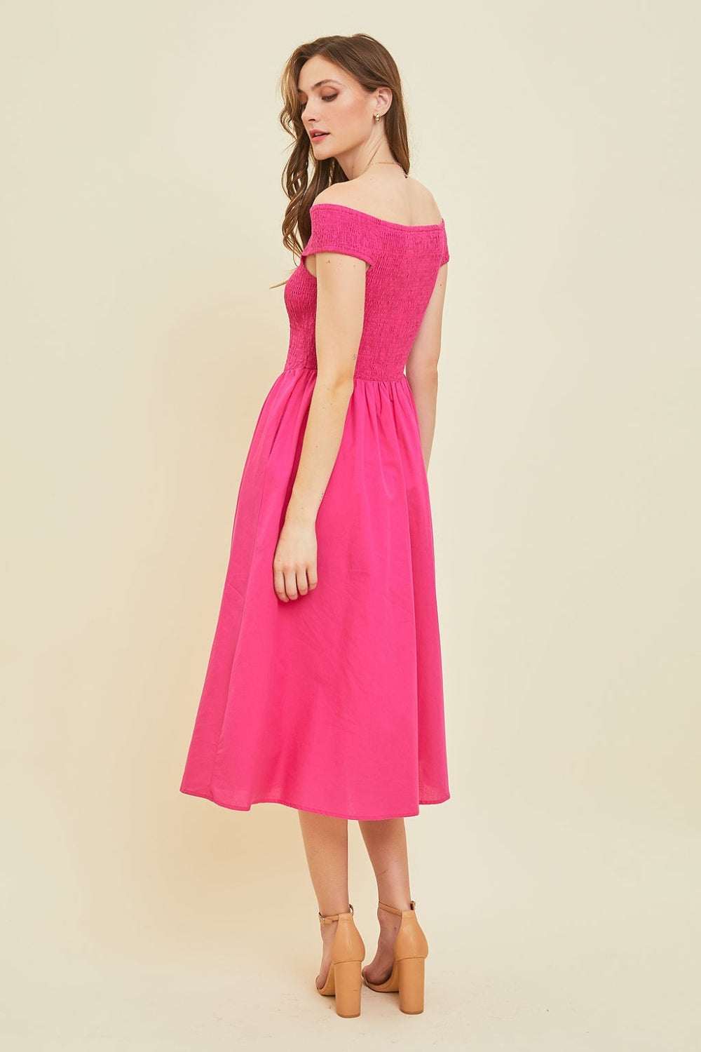 TEEK - Fuchsia Off-Shoulder Smocked Midi Dress DRESS TEEK Trend   