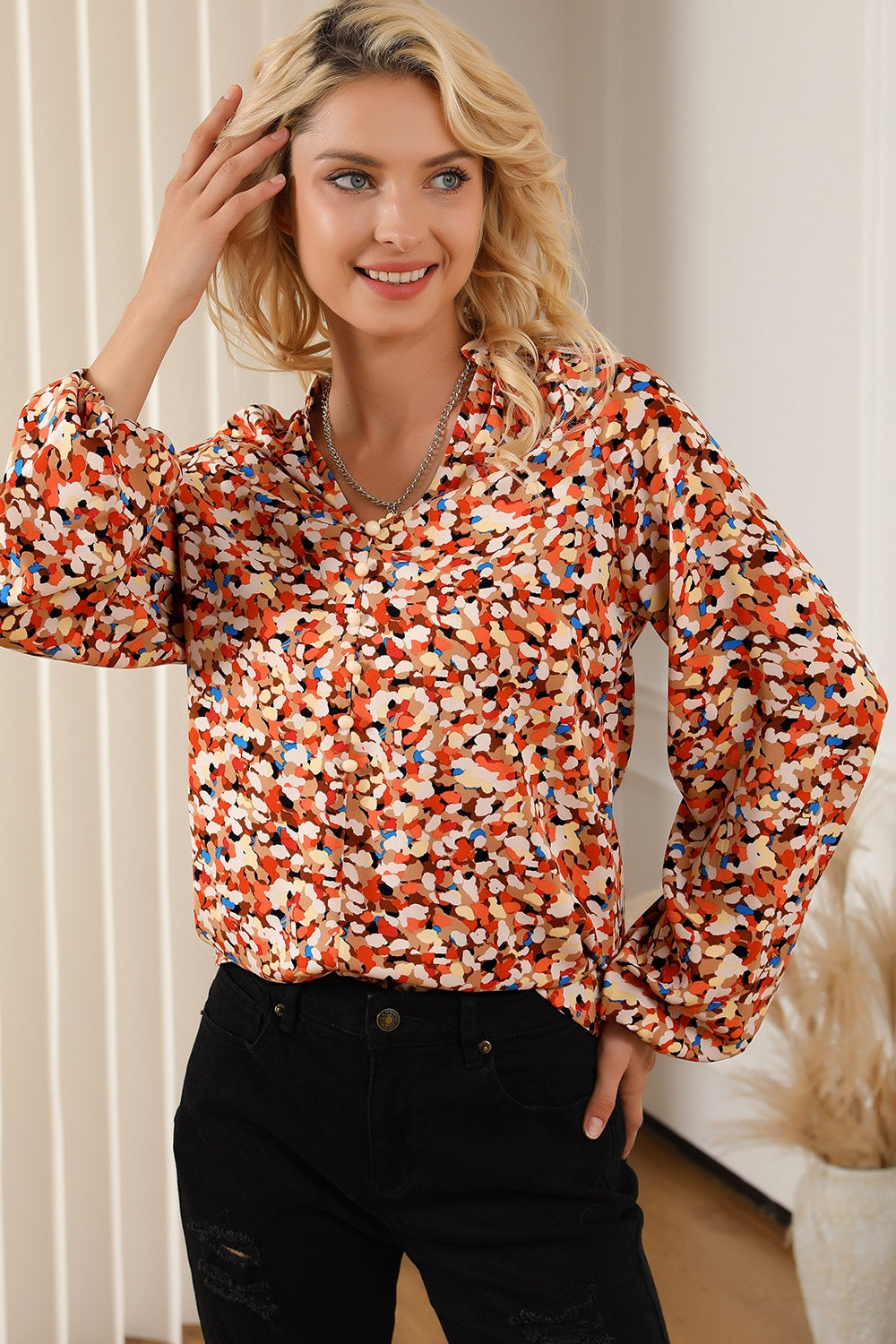 TEEK - Multicolored Notched Balloon Sleeve Blouse TOPS TEEK Trend   