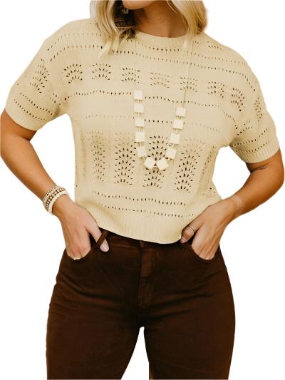 TEEK - Openwork Round Neck Short Sleeve Sweater SWEATER TEEK Trend S  