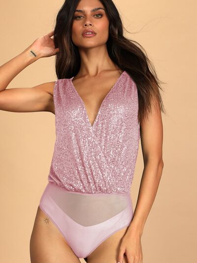 TEEK - Sequin Plunge Sleeveless Bodysuit TOPS TEEK Trend   