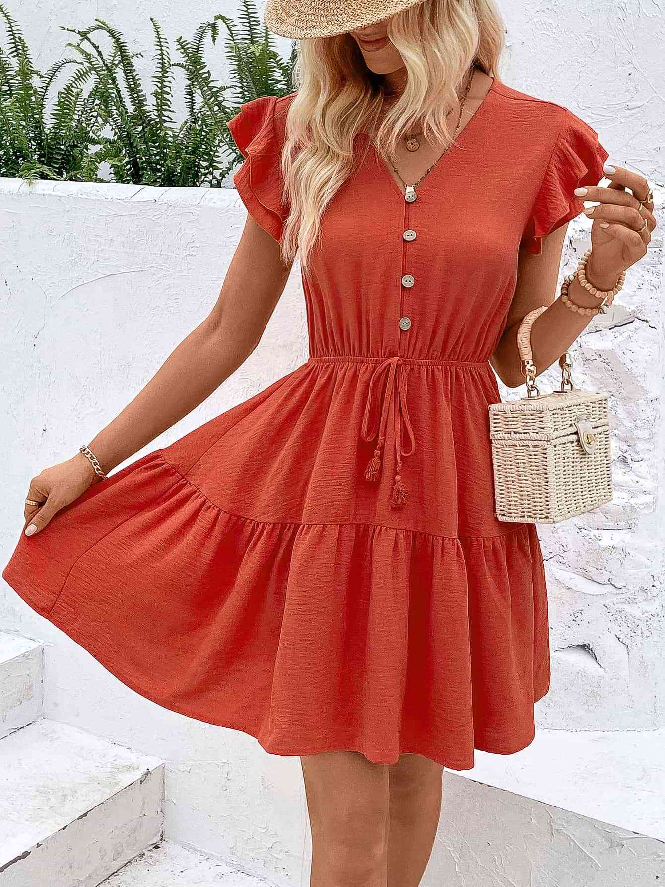 TEEK - Red Orange Tassel Tie V-Neck Dress DRESS TEEK Trend   
